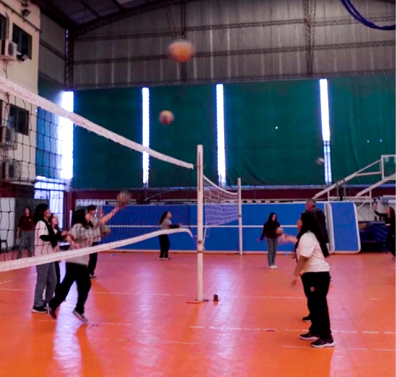 Estudiantes del Colegio Alberdi participando en una actividad de voleibol y práctica deportiva en el gimnasio escolar.